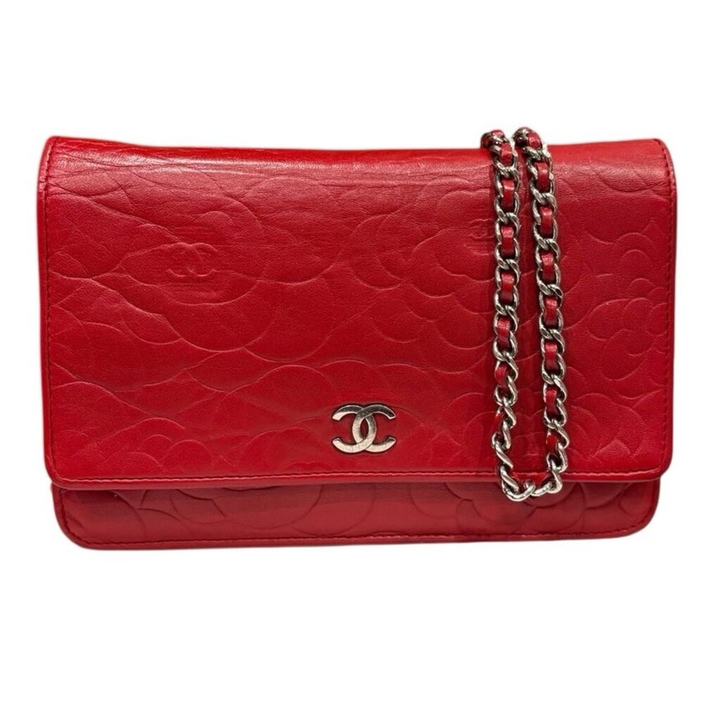 Chanel Red Camellia Embossed WOC Lambskin Silver Hardware COA